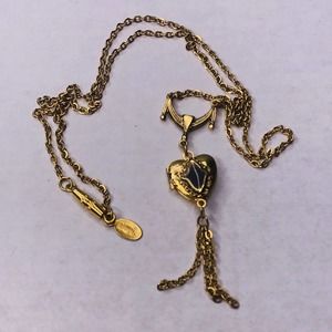 Iberia Necklace Charm Locket Gold Tone Heart Tassel Etched Barrel Clasp 18"